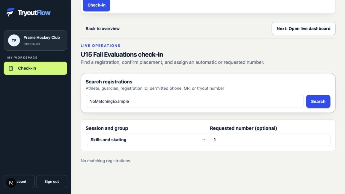 Resolve missing or unsuitable registrations: the actual TryoutFlow screen using fictional demonstration data.