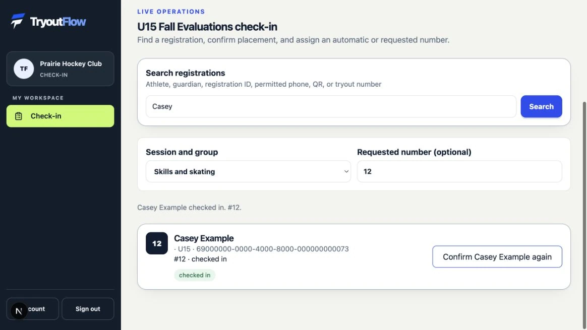 Choose automatic or requested numbering: the actual TryoutFlow screen using fictional demonstration data.
