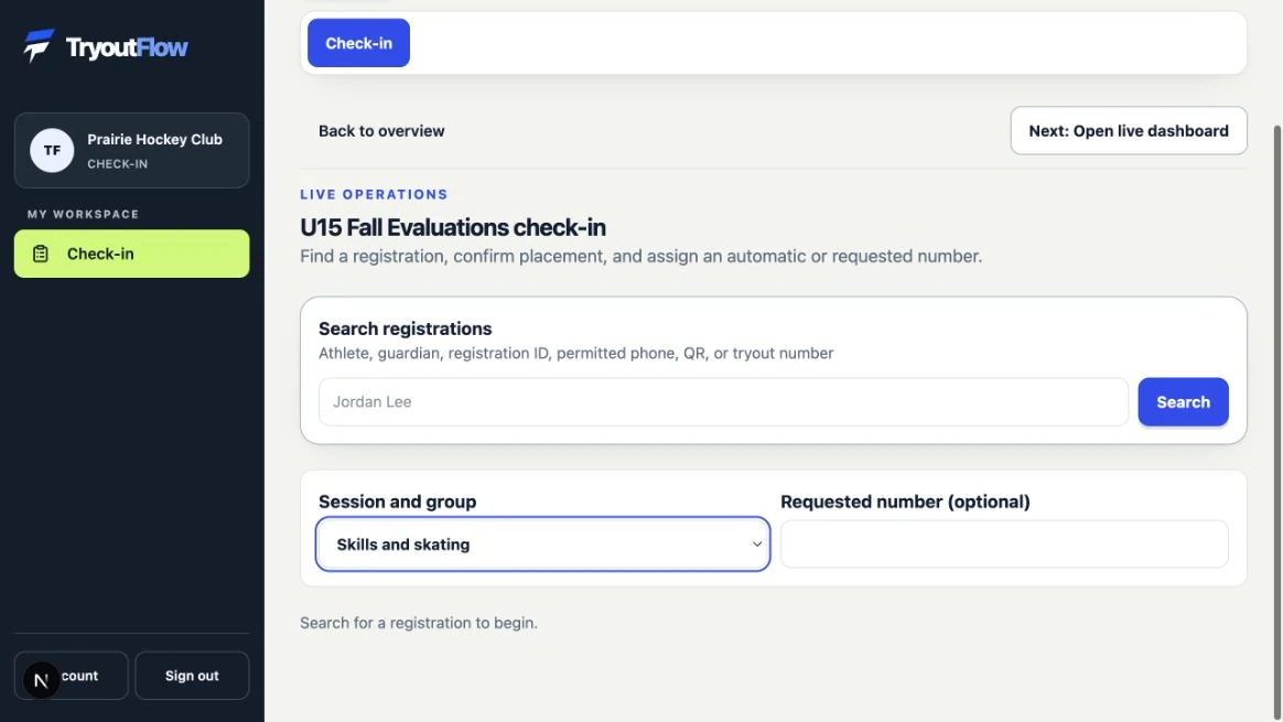 Prepare your desk and escalation contact: the actual TryoutFlow screen using fictional demonstration data.