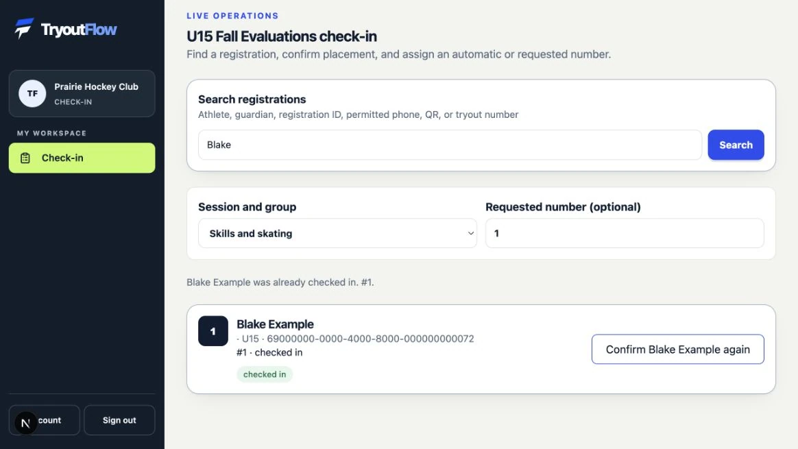 Recognize an athlete who is already checked in: the actual TryoutFlow screen using fictional demonstration data.