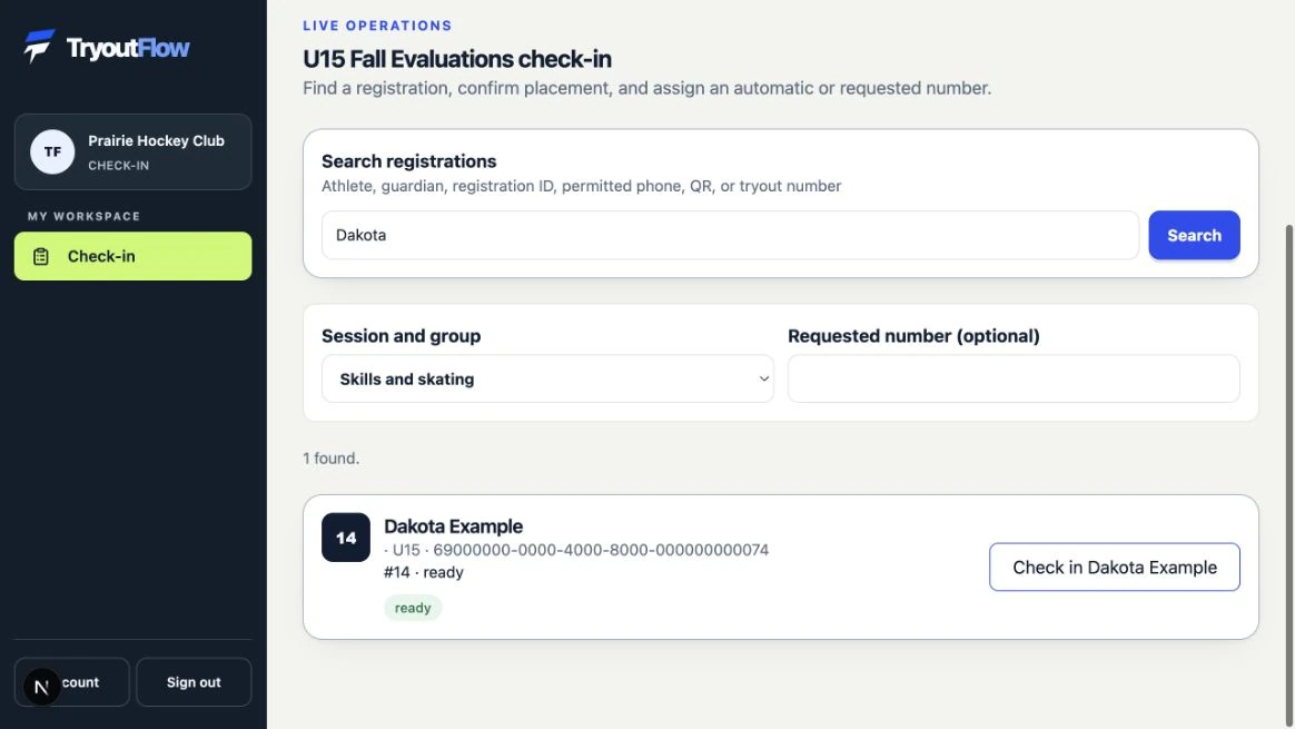 Search by athlete or registration reference: the actual TryoutFlow screen using fictional demonstration data.