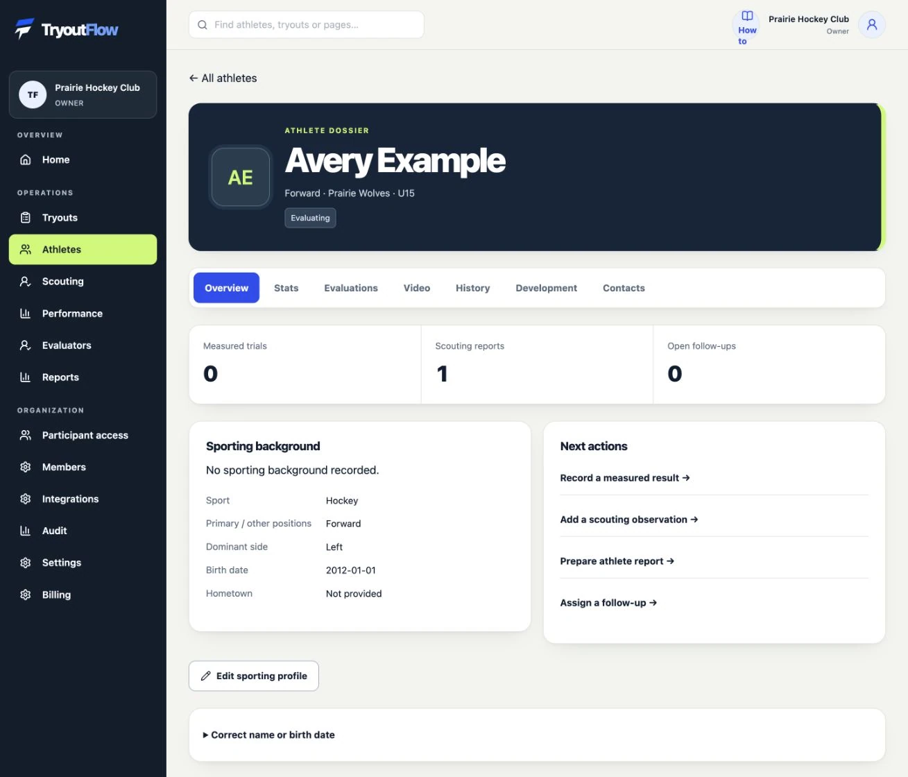 Complete the athlete’s record: the actual TryoutFlow screen using fictional demonstration data.