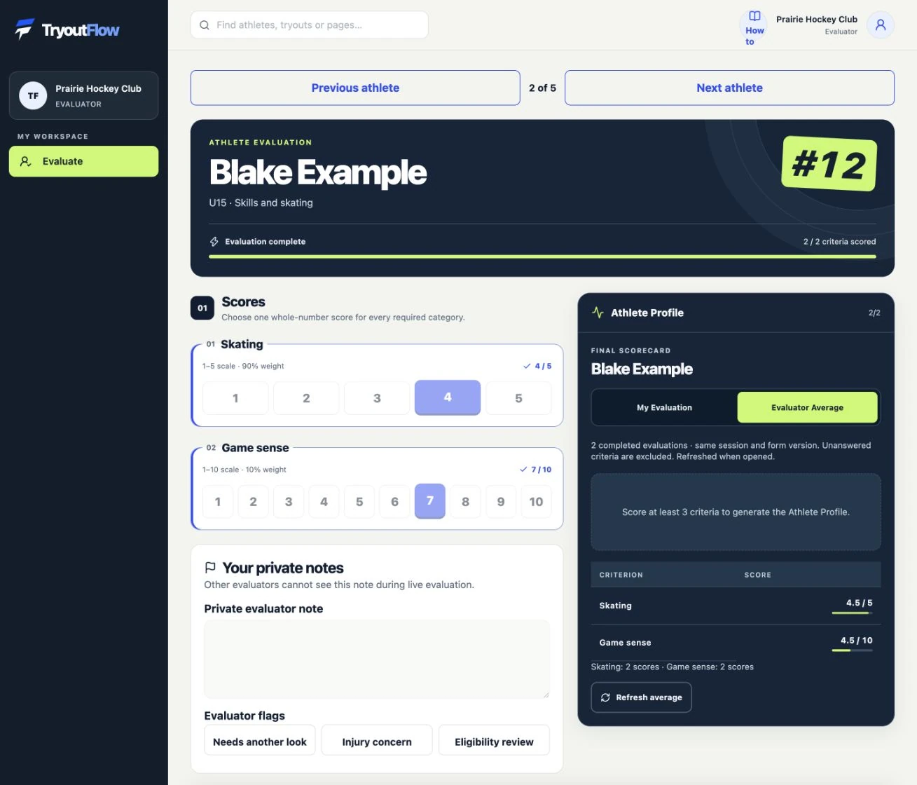 Read the profile and evaluator average: the actual TryoutFlow screen using fictional demonstration data.