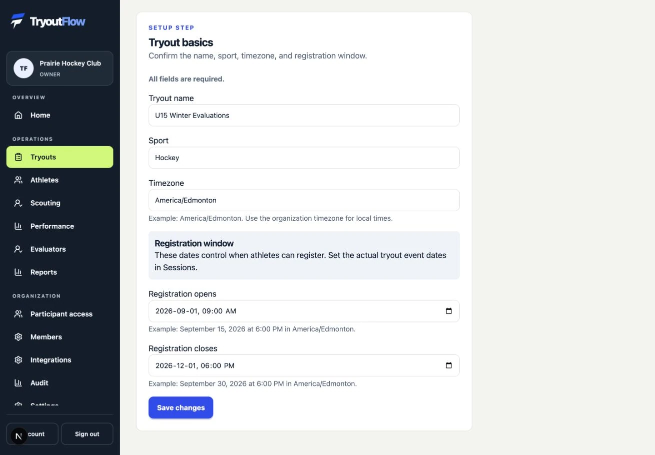 Check the event basics and registration window: the actual TryoutFlow screen using fictional demonstration data.