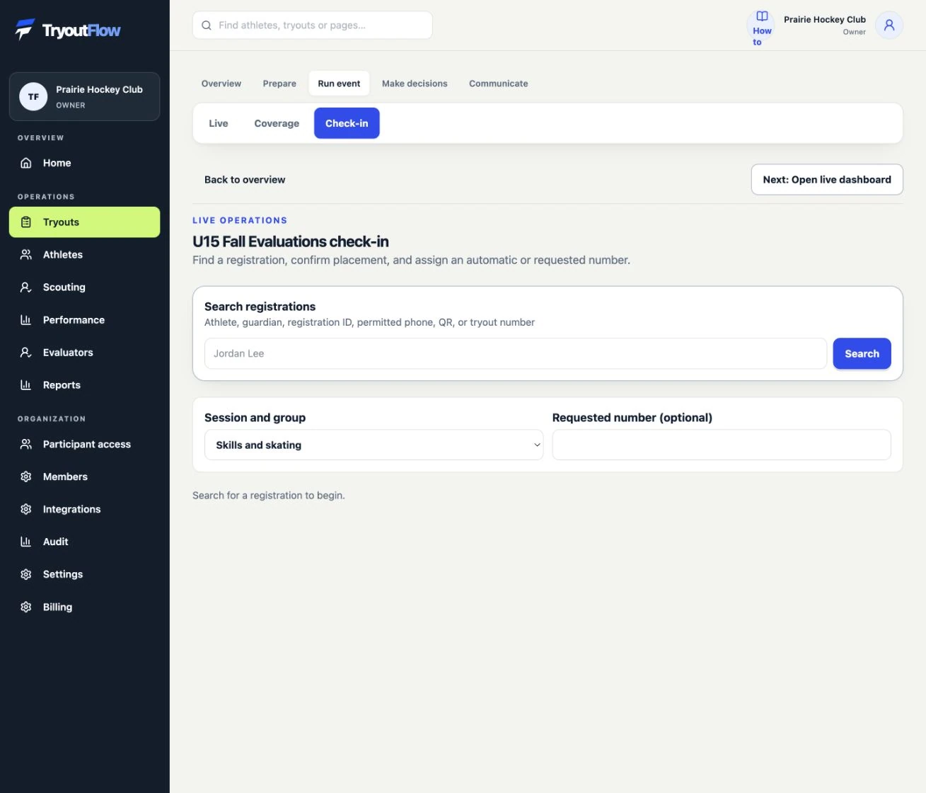 Check athletes in and assign numbers: the actual TryoutFlow screen using fictional demonstration data.