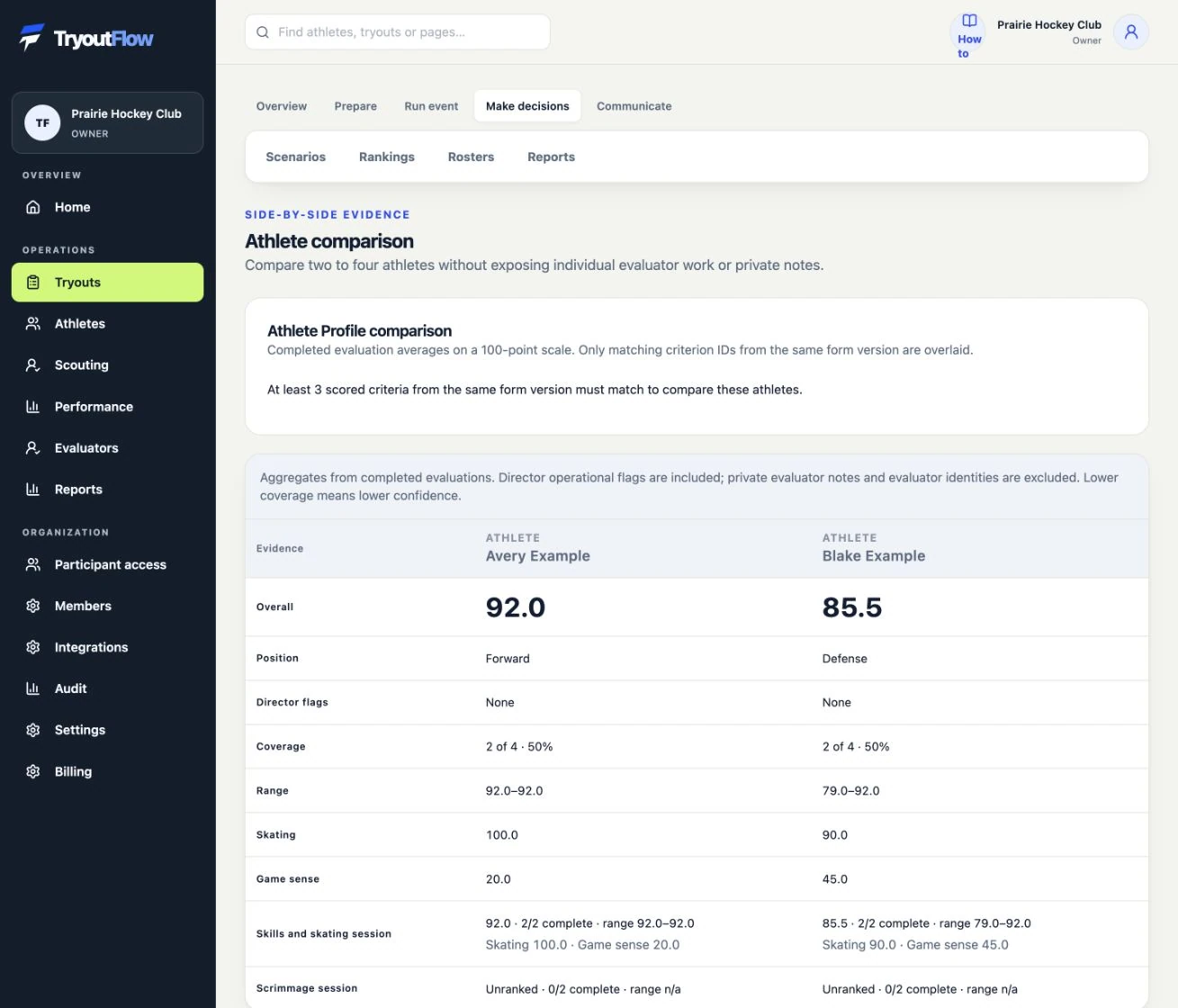 Compare athletes side by side: the actual TryoutFlow screen using fictional demonstration data.