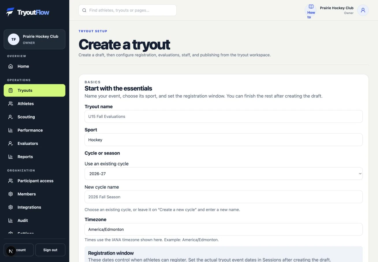 Create the draft event: the actual TryoutFlow screen using fictional demonstration data.