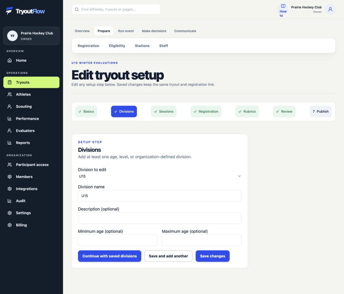 Add age groups or divisions: the actual TryoutFlow screen using fictional demonstration data.