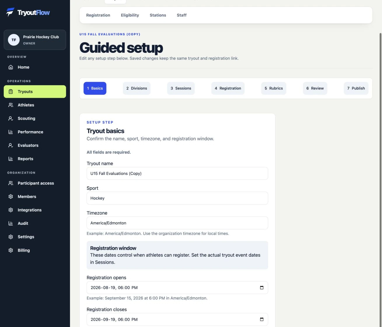 Start the next event and close your session: the actual TryoutFlow screen using fictional demonstration data.