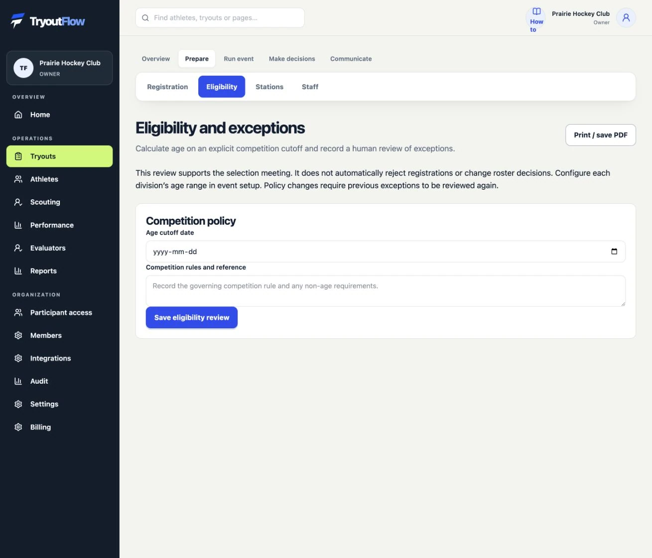 Review eligibility and exceptions when needed: the actual TryoutFlow screen using fictional demonstration data.