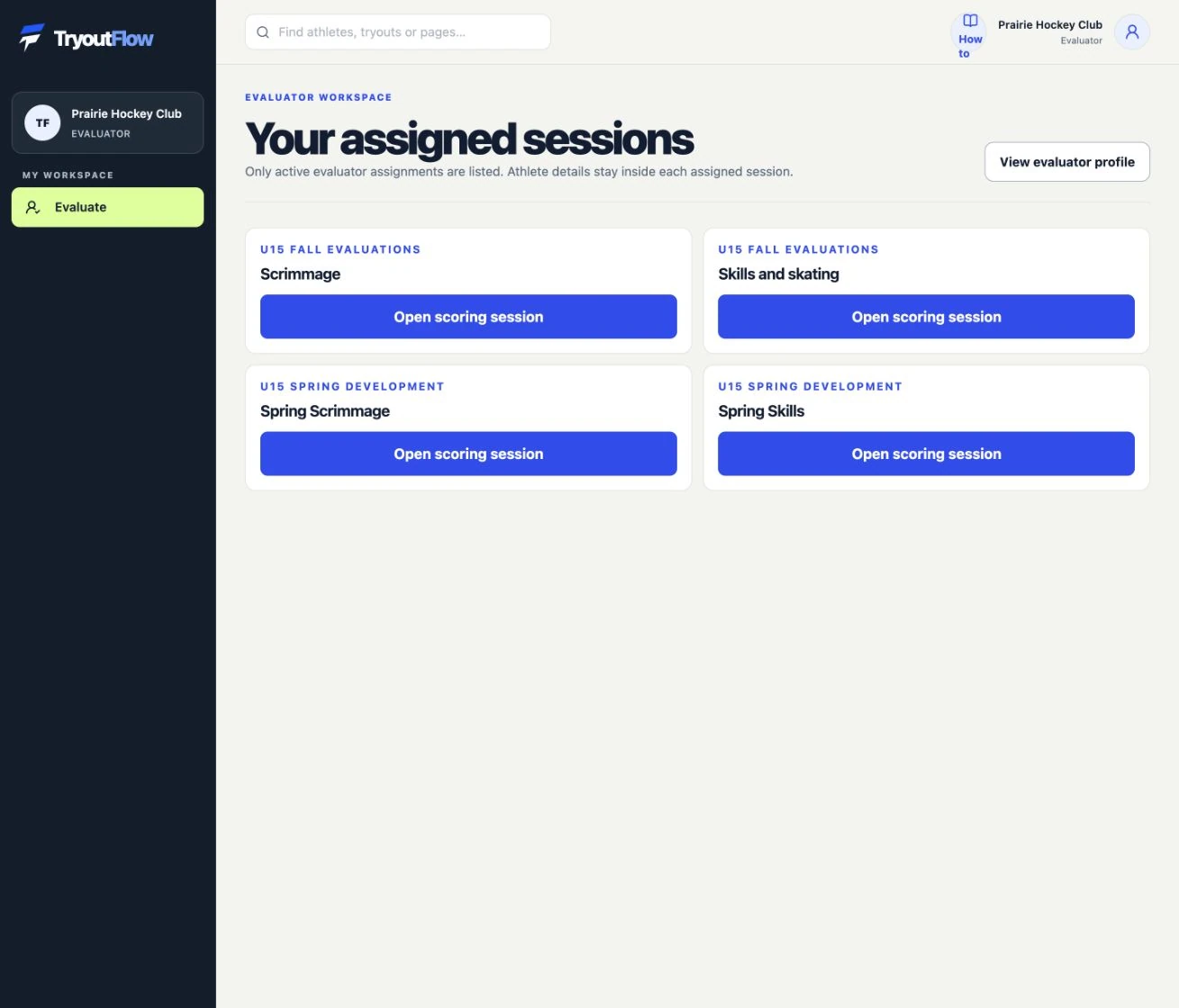 Open the assigned scoring session: the actual TryoutFlow screen using fictional demonstration data.