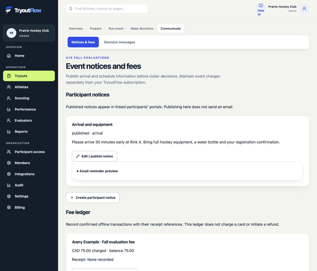 Publish event updates and keep fees accurate: the actual TryoutFlow screen using fictional demonstration data.