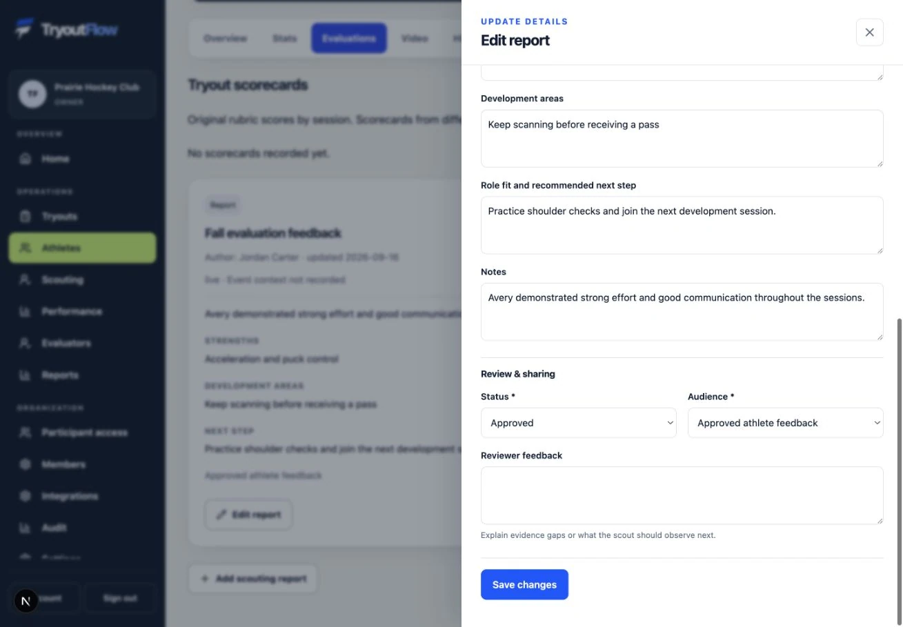 Approve feedback for families: the actual TryoutFlow screen using fictional demonstration data.
