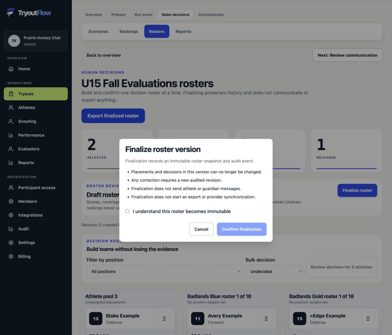 Review and finalize the roster: the actual TryoutFlow screen using fictional demonstration data.