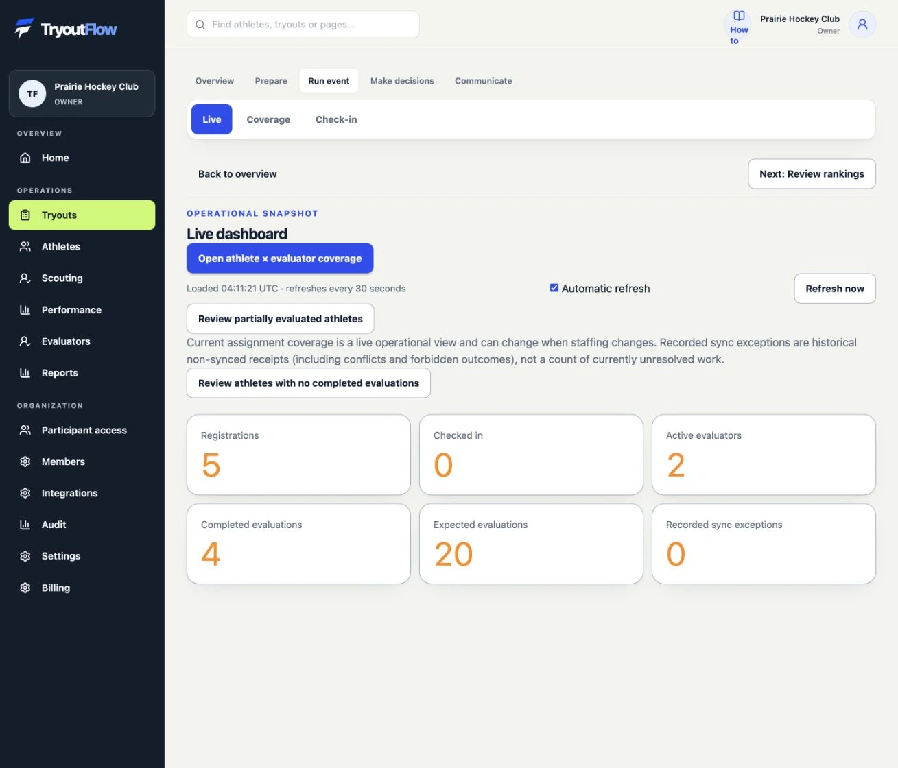 Watch event progress and fill coverage gaps: the actual TryoutFlow screen using fictional demonstration data.