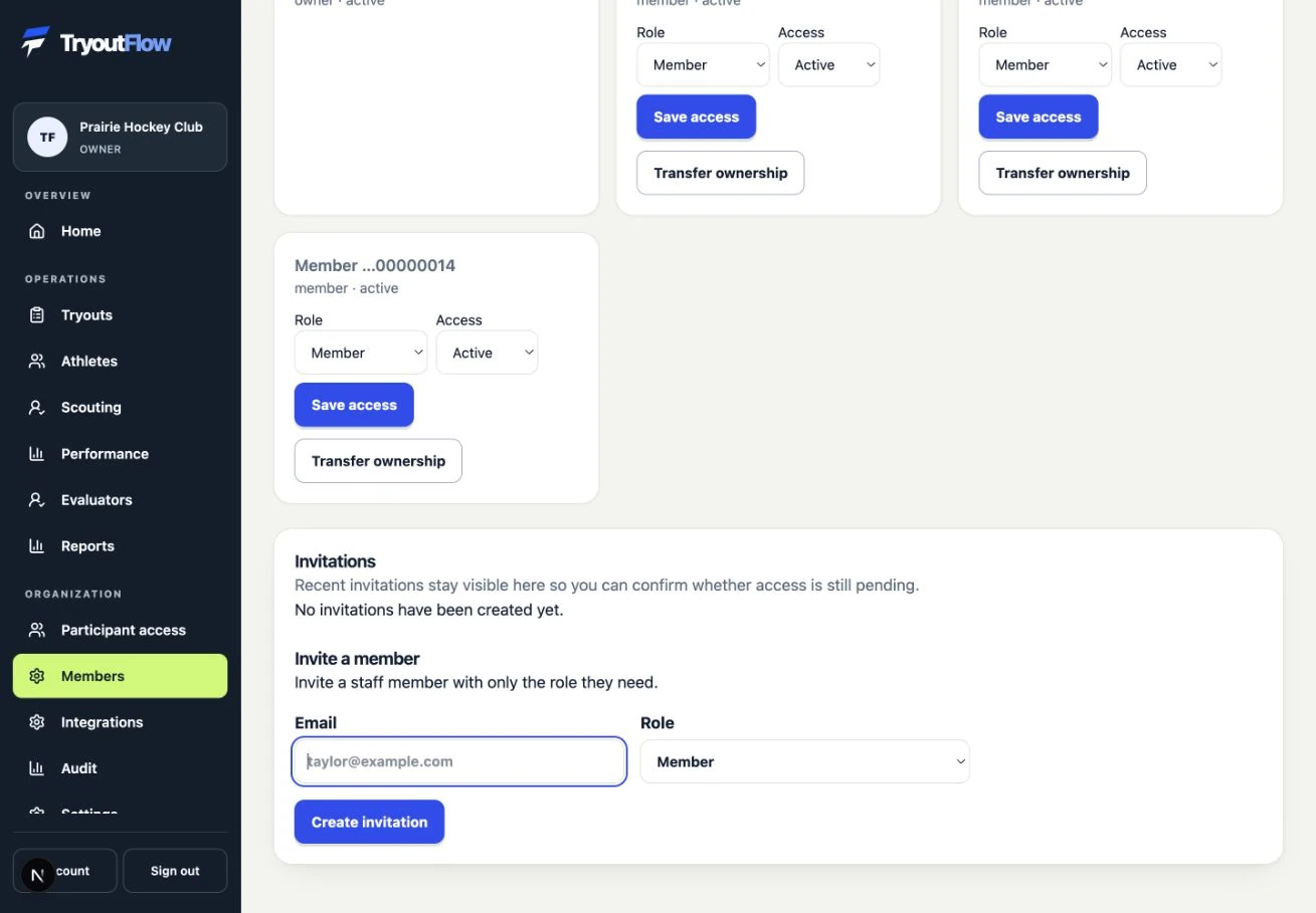 Invite your coaches and other staff: the actual TryoutFlow screen using fictional demonstration data.