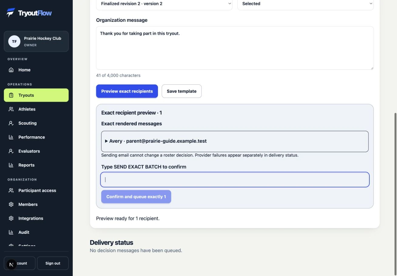 Confirm the exact batch and track delivery: the actual TryoutFlow screen using fictional demonstration data.