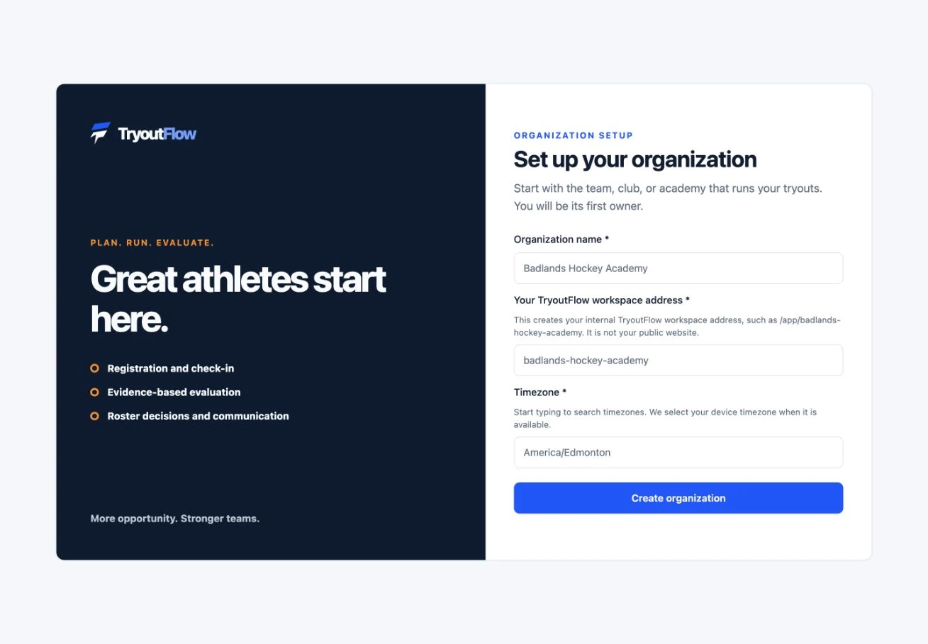 Create your club workspace: the actual TryoutFlow screen using fictional demonstration data.