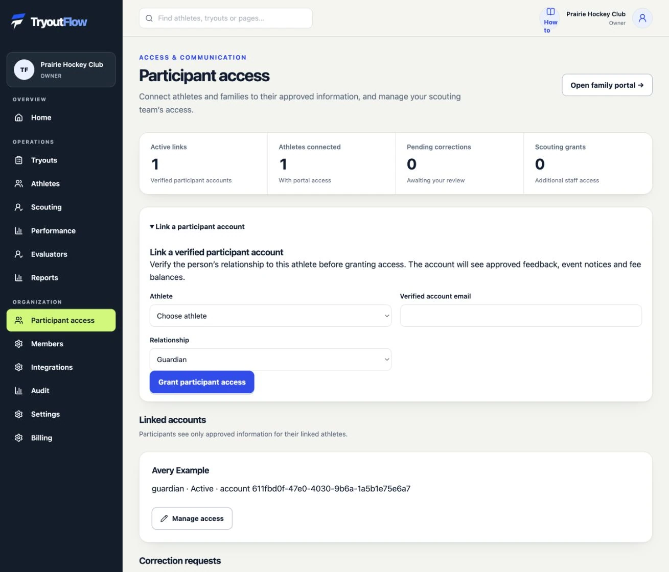 Link verified family accounts: the actual TryoutFlow screen using fictional demonstration data.