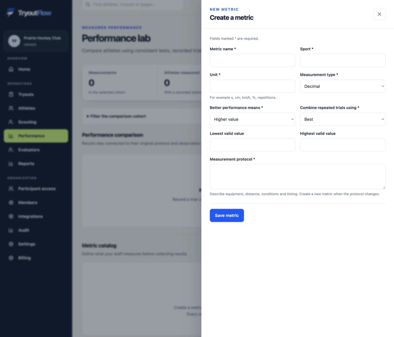 Record measured performance when needed: the actual TryoutFlow screen using fictional demonstration data.