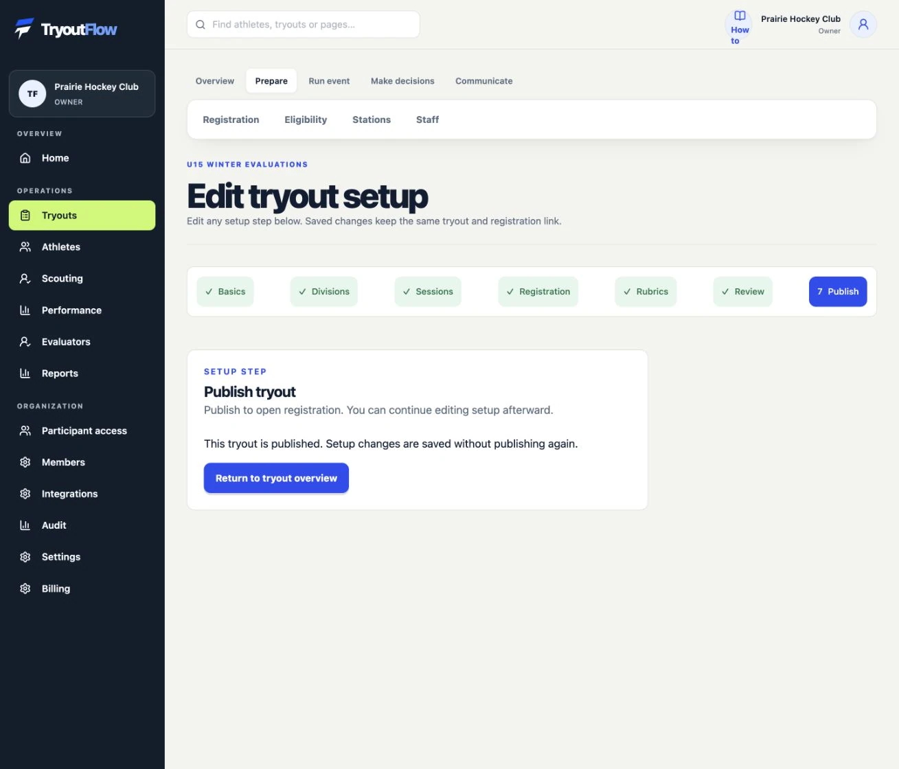 Publish the event: the actual TryoutFlow screen using fictional demonstration data.