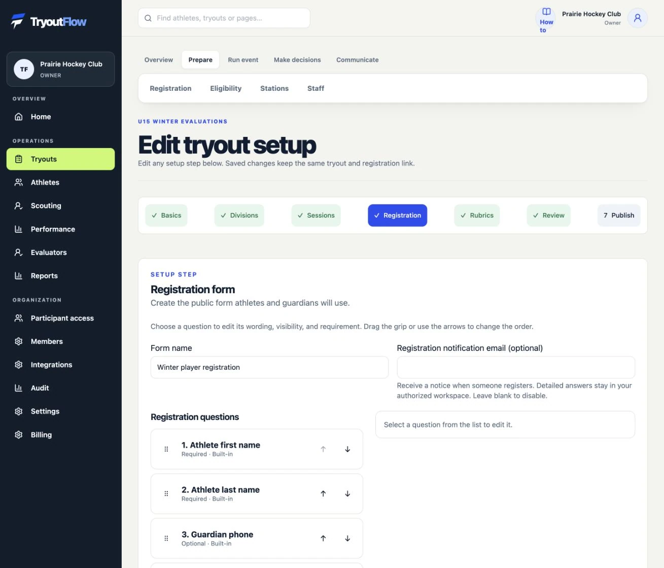 Build the public registration form: the actual TryoutFlow screen using fictional demonstration data.