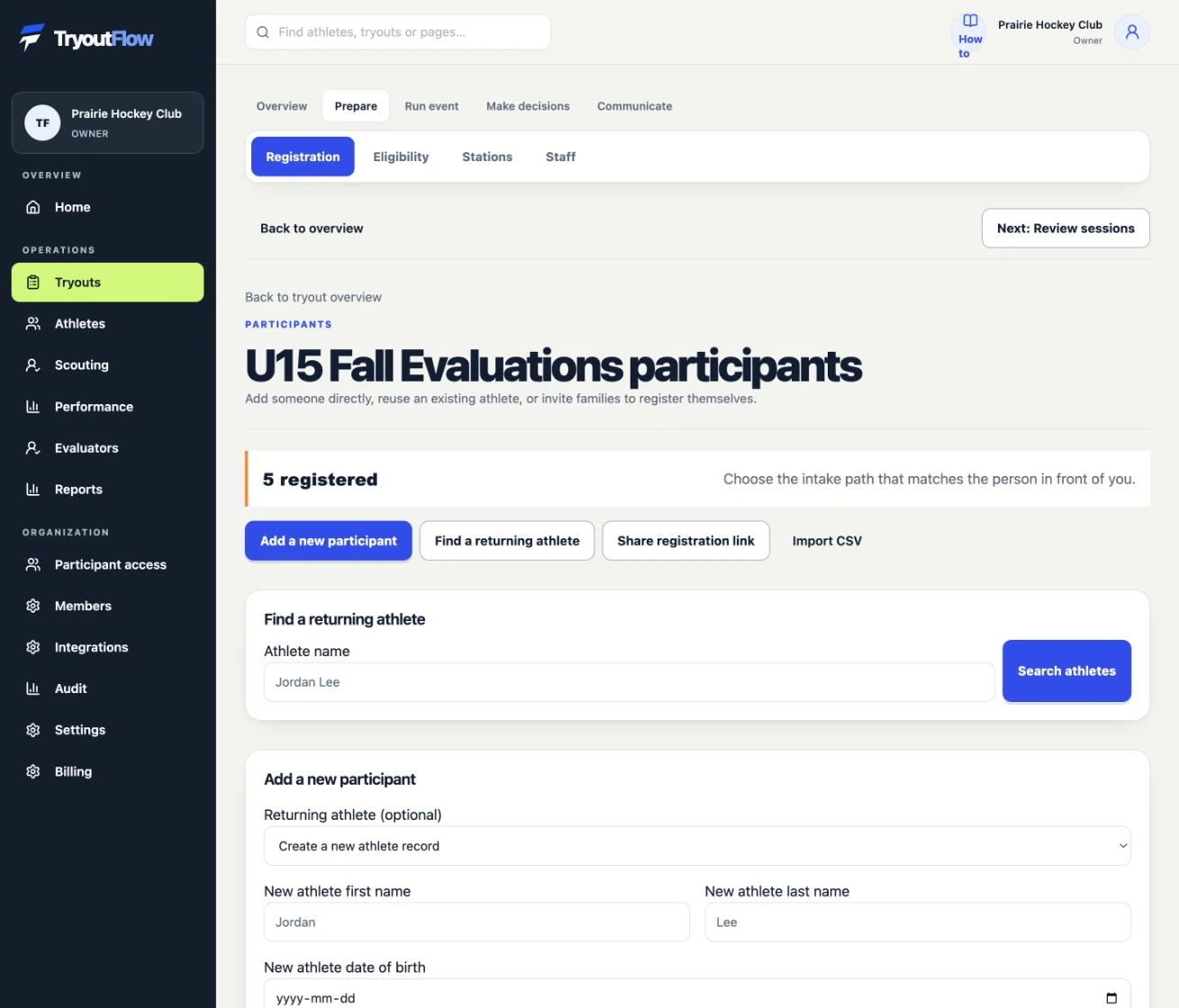 Review registrations or add a participant: the actual TryoutFlow screen using fictional demonstration data.