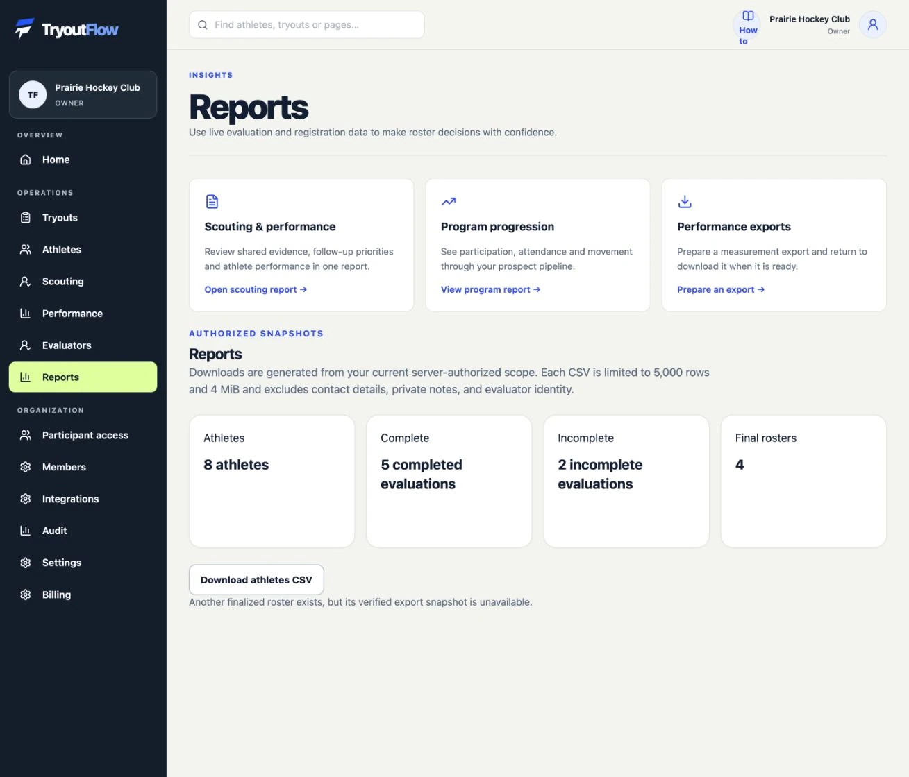 Export or print the records you need: the actual TryoutFlow screen using fictional demonstration data.