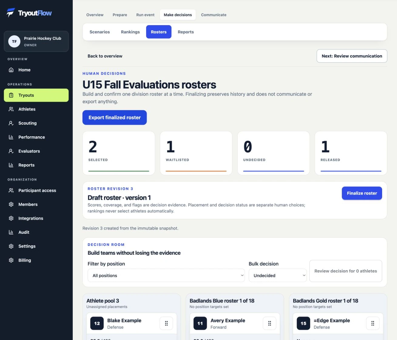 Place athletes and record selection decisions: the actual TryoutFlow screen using fictional demonstration data.