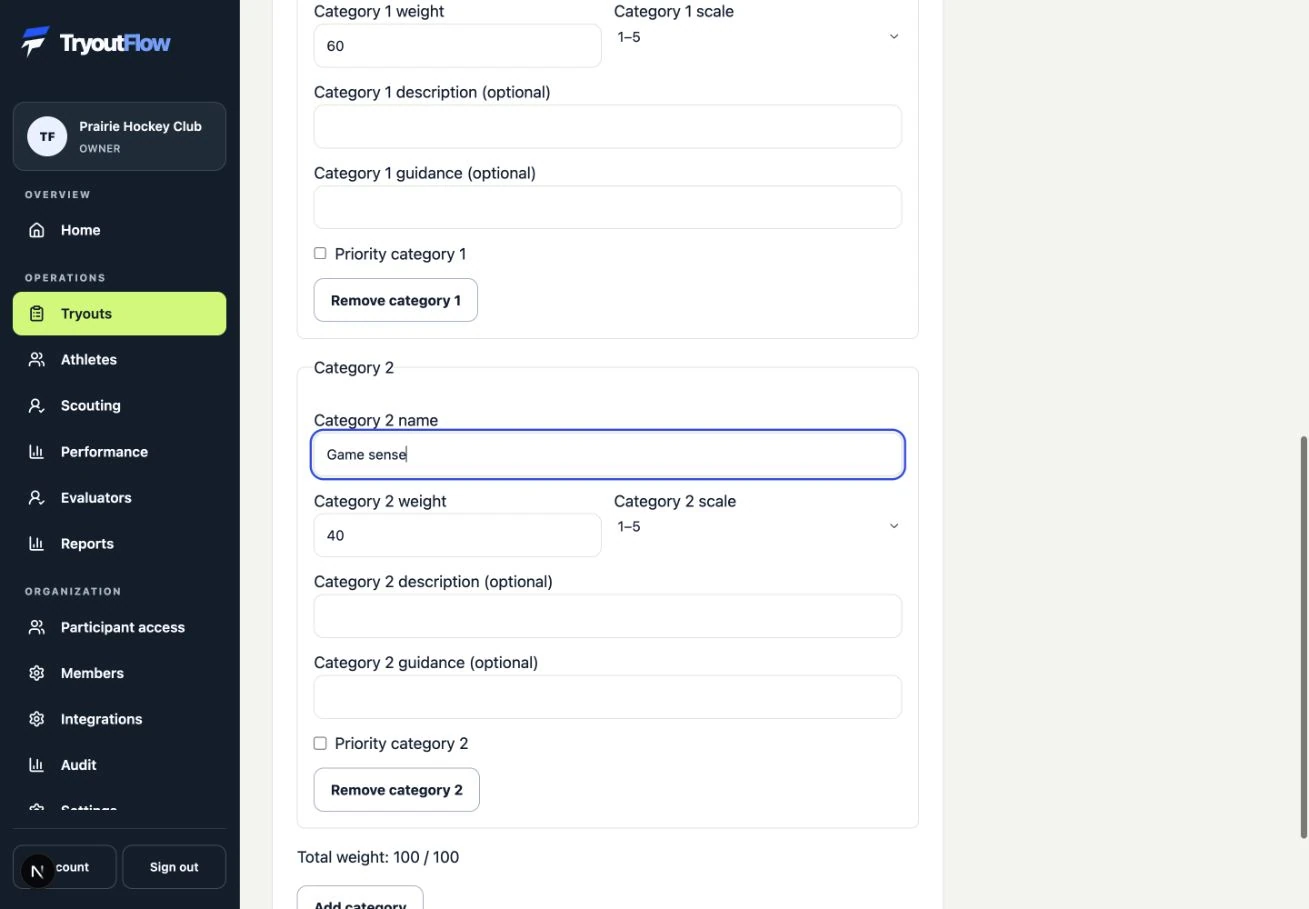 Define what evaluators will score: the actual TryoutFlow screen using fictional demonstration data.