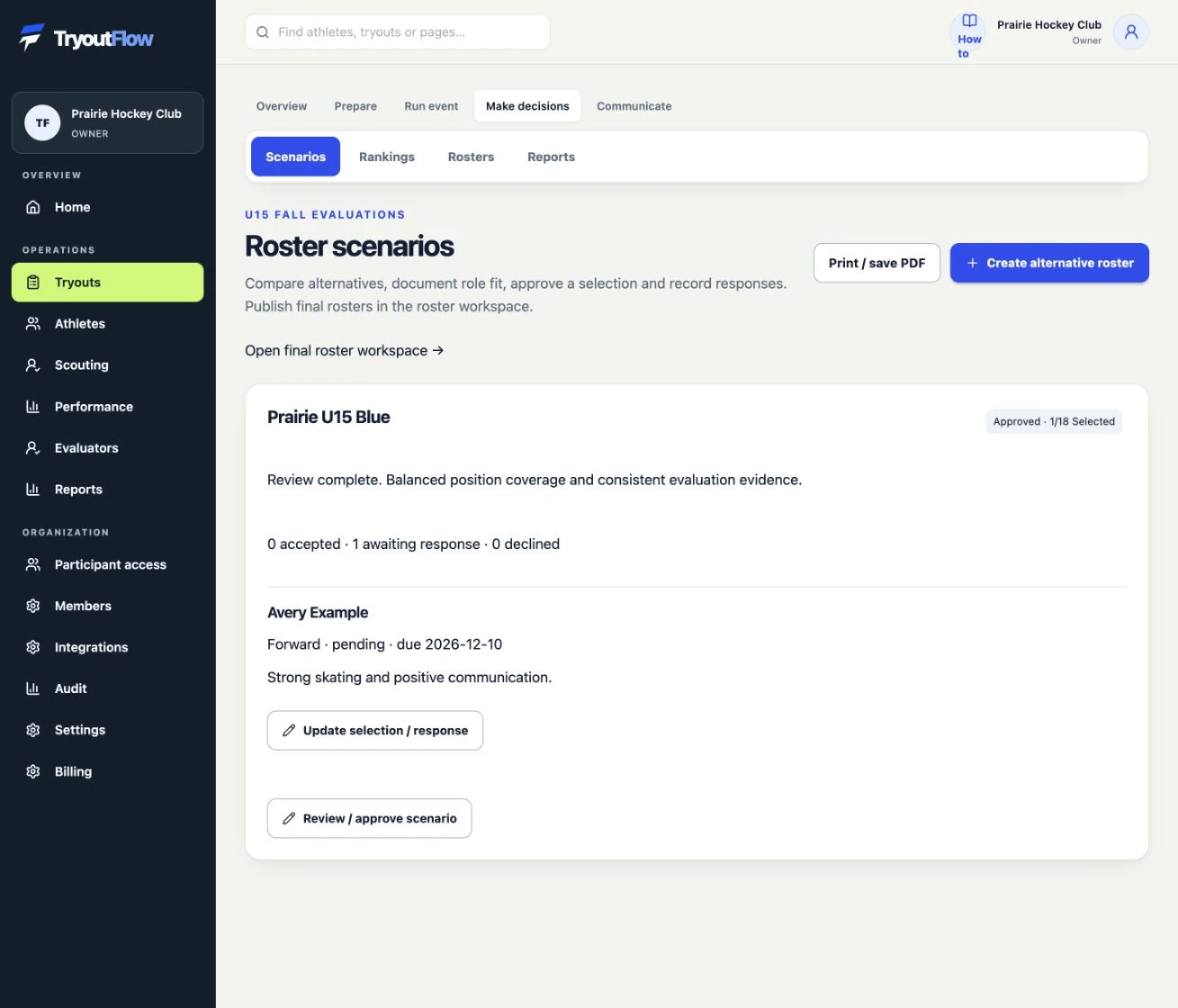 Prepare selection scenarios and portal offers: the actual TryoutFlow screen using fictional demonstration data.