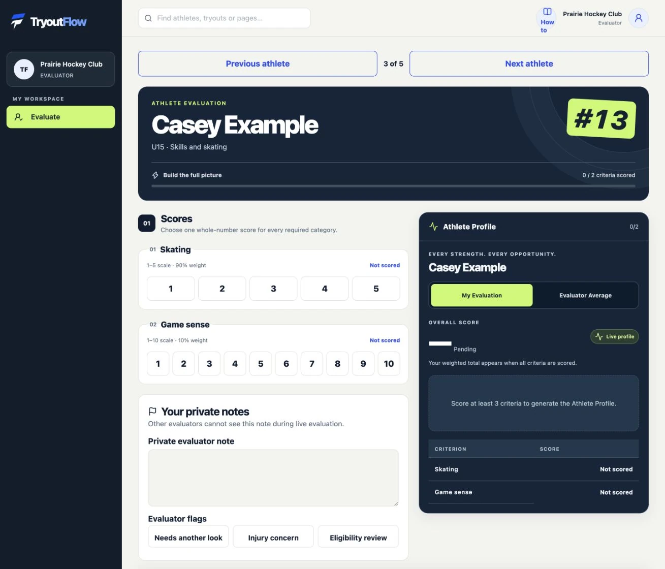 Score the athlete and add useful notes: the actual TryoutFlow screen using fictional demonstration data.