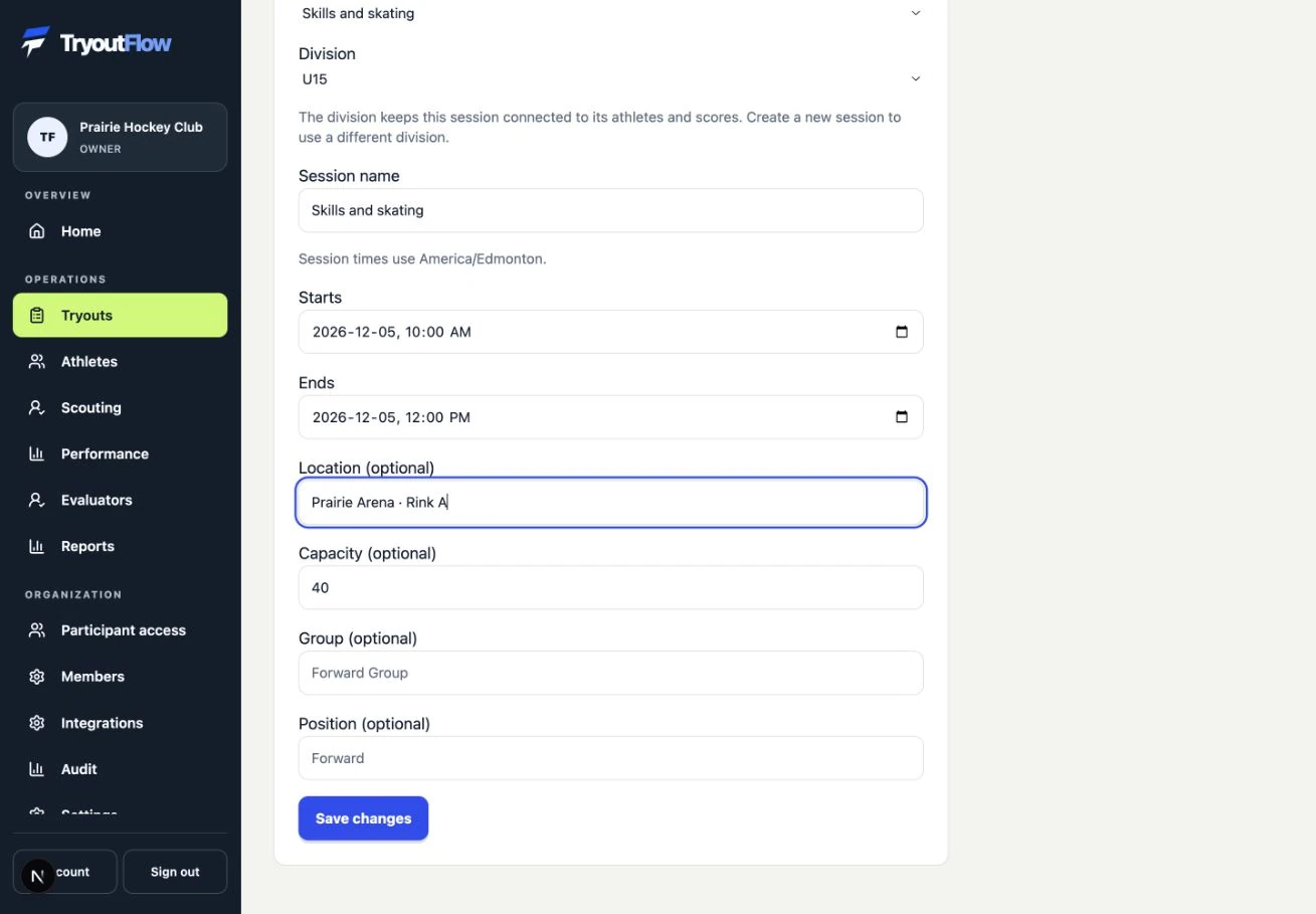 Schedule sessions, locations and groups: the actual TryoutFlow screen using fictional demonstration data.