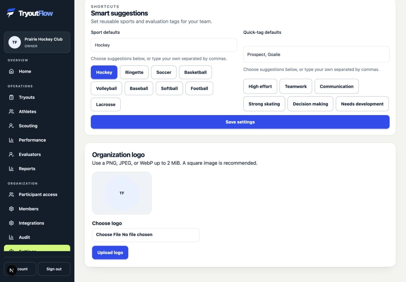 Set your defaults and organization logo: the actual TryoutFlow screen using fictional demonstration data.