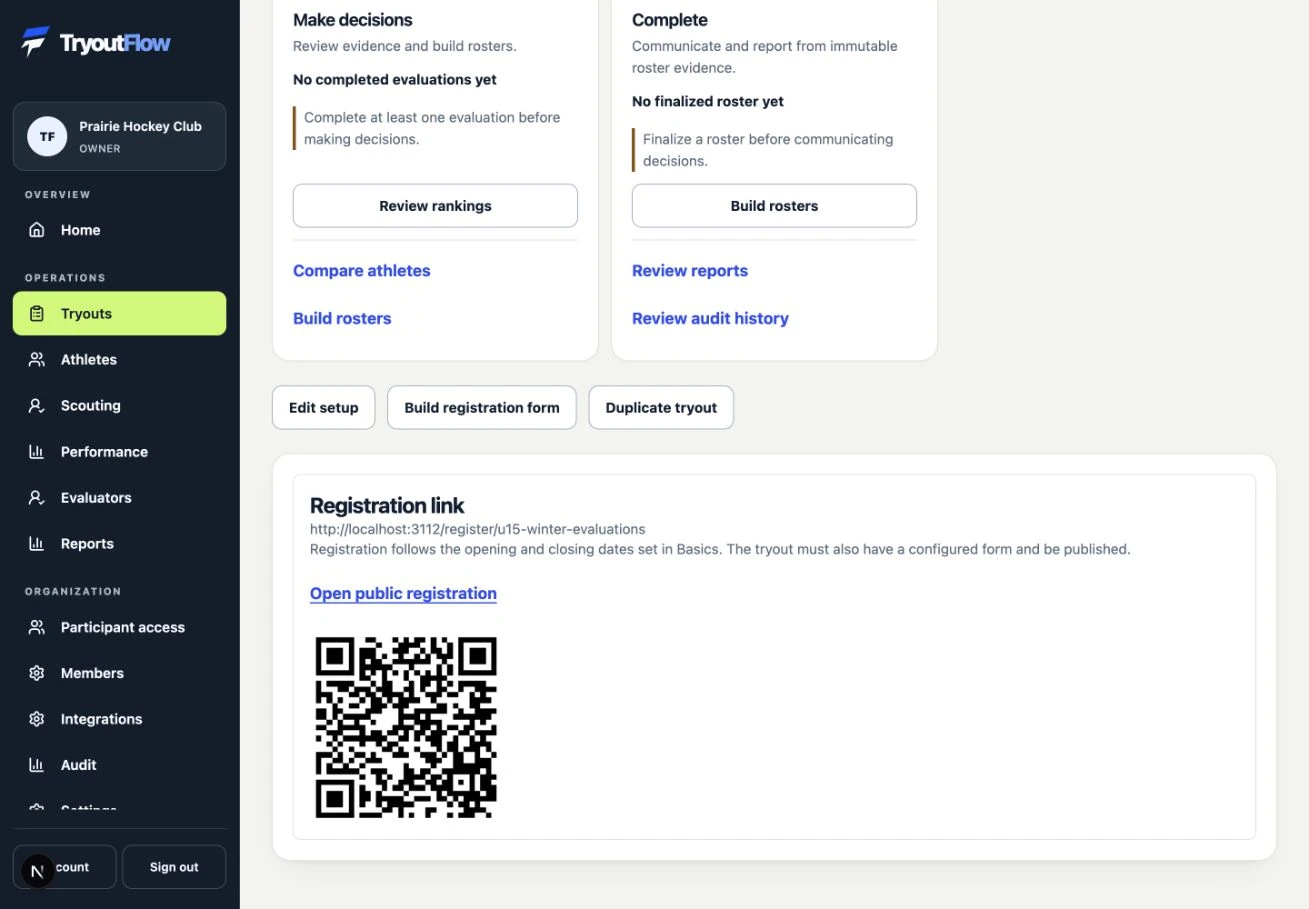 Open and share the registration link: the actual TryoutFlow screen using fictional demonstration data.