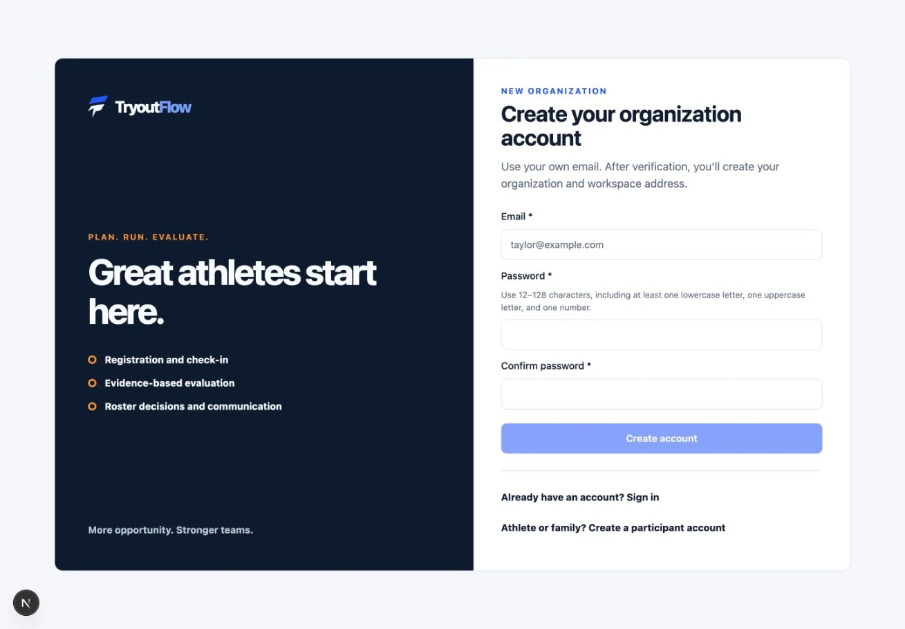 Create your organization account: the actual TryoutFlow screen using fictional demonstration data.