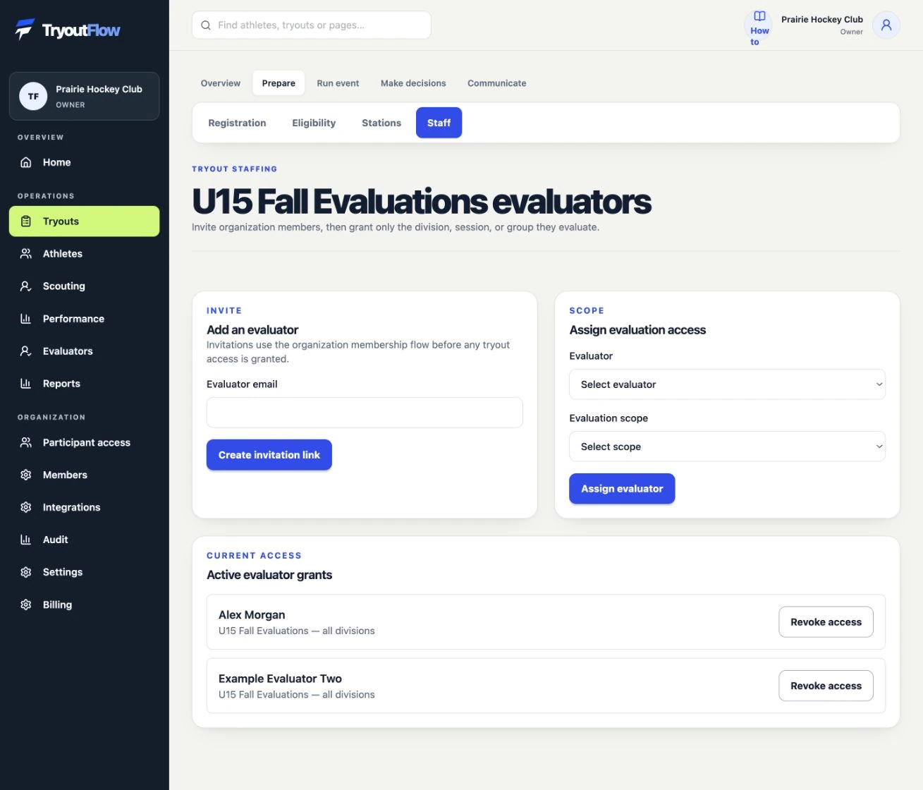 Assign evaluators to the right scope: the actual TryoutFlow screen using fictional demonstration data.