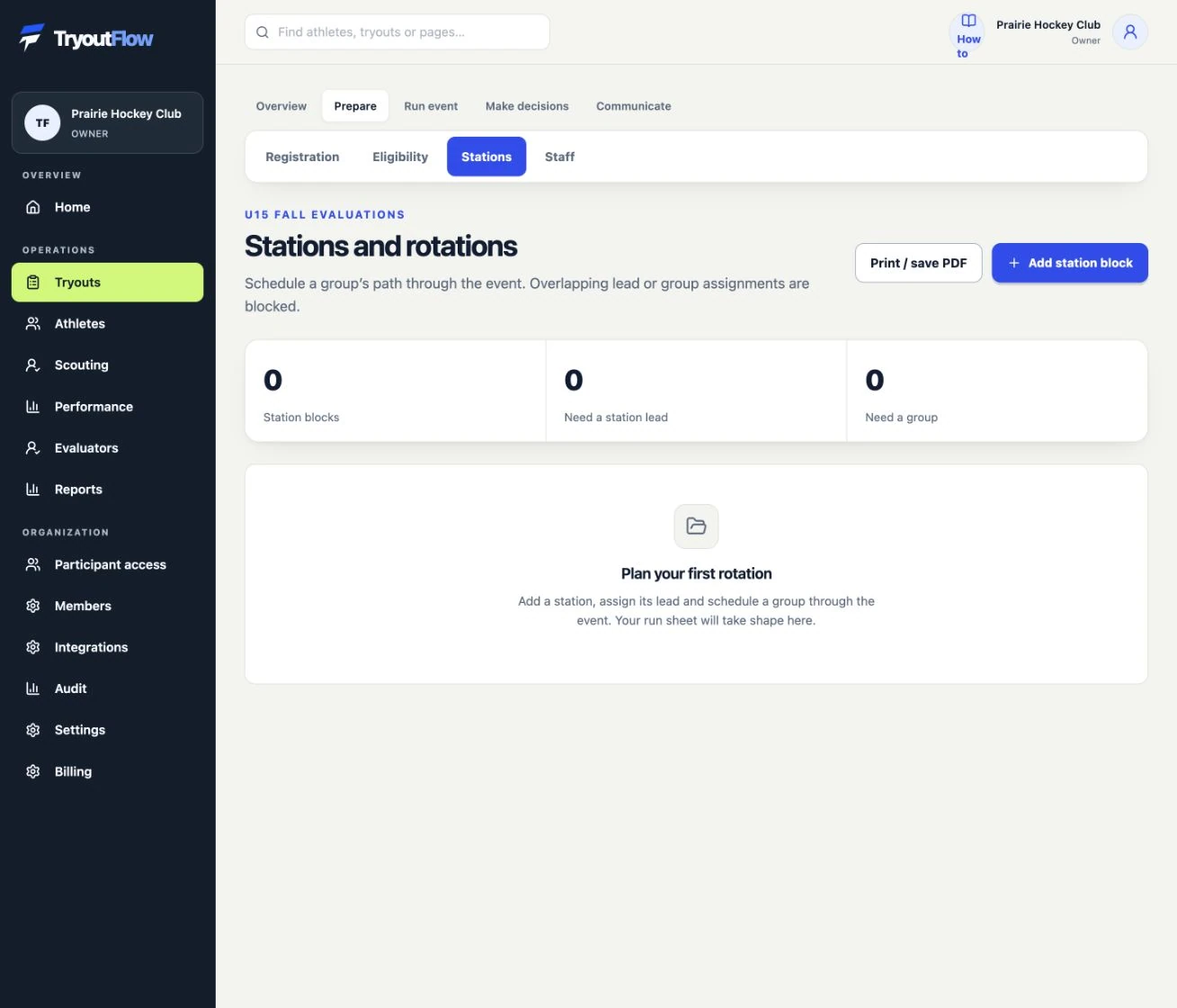 Plan stations and rotations if your event uses them: the actual TryoutFlow screen using fictional demonstration data.