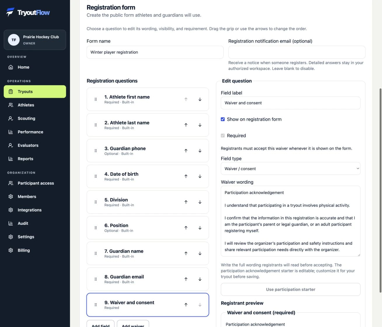 Review the waiver and consent wording: the actual TryoutFlow screen using fictional demonstration data.