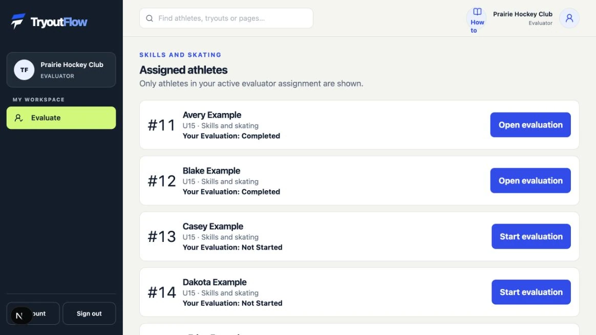 Match the athlete to the scorecard: the actual TryoutFlow screen using fictional demonstration data.