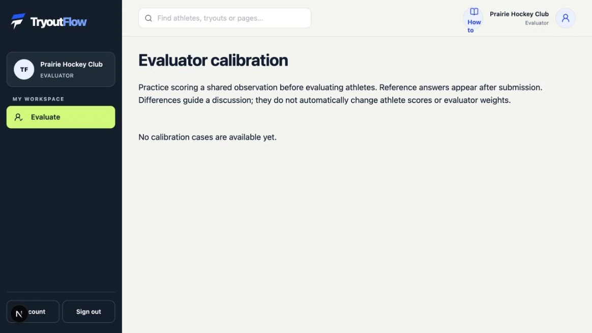 Complete calibration if the organizer provides it: the actual TryoutFlow screen using fictional demonstration data.