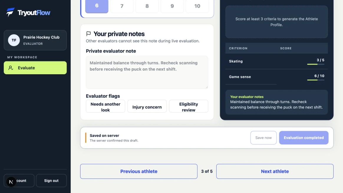 Explicitly complete the evaluation: the actual TryoutFlow screen using fictional demonstration data.