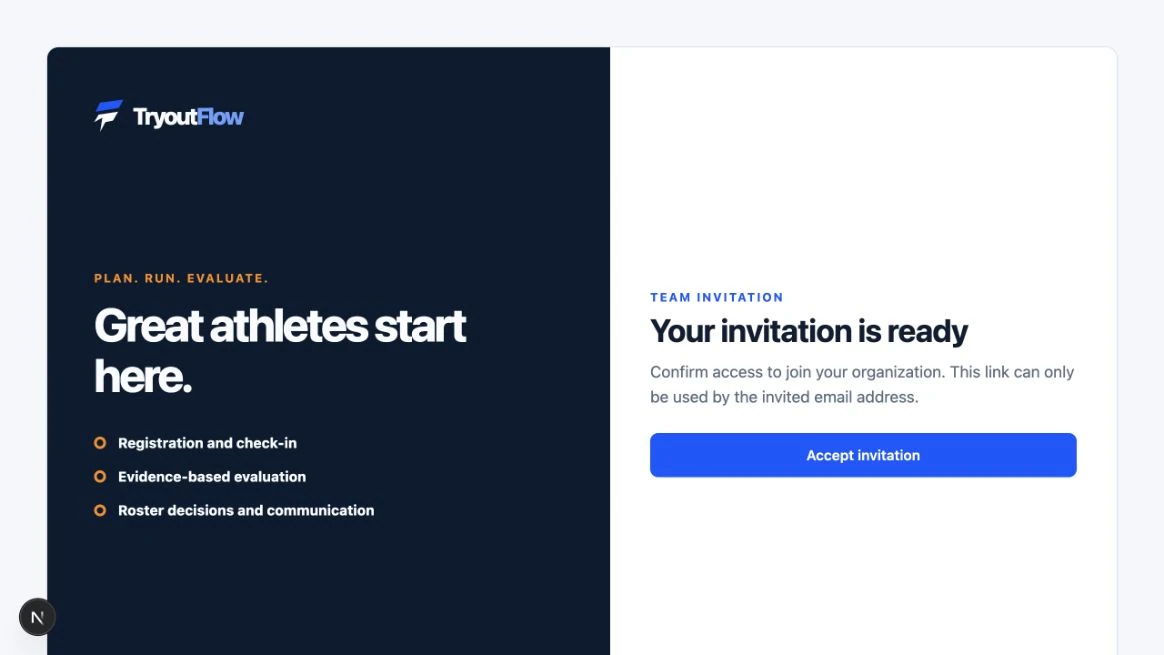 Open and accept your invitation: the actual TryoutFlow screen using fictional demonstration data.