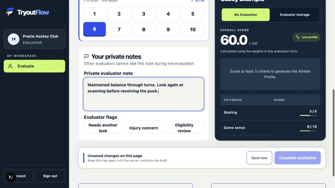 Add useful private notes and flags: the actual TryoutFlow screen using fictional demonstration data.