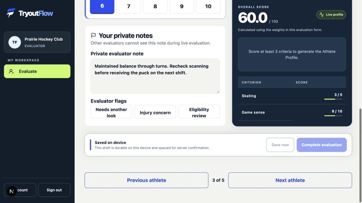 Handle a lost connection without losing your work: the actual TryoutFlow screen using fictional demonstration data.