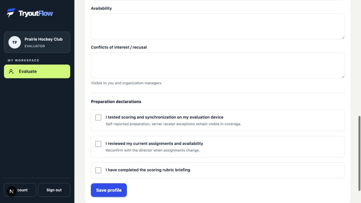 Review the rubric and confirm your preparation: the actual TryoutFlow screen using fictional demonstration data.