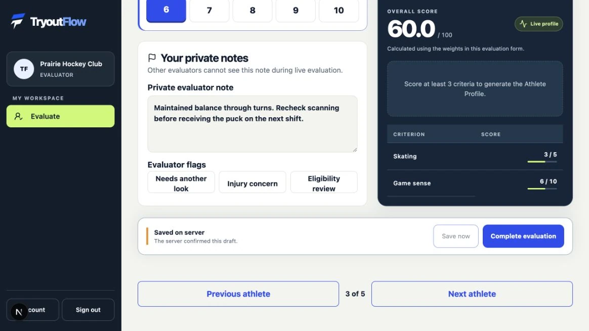 Wait for server confirmation: the actual TryoutFlow screen using fictional demonstration data.