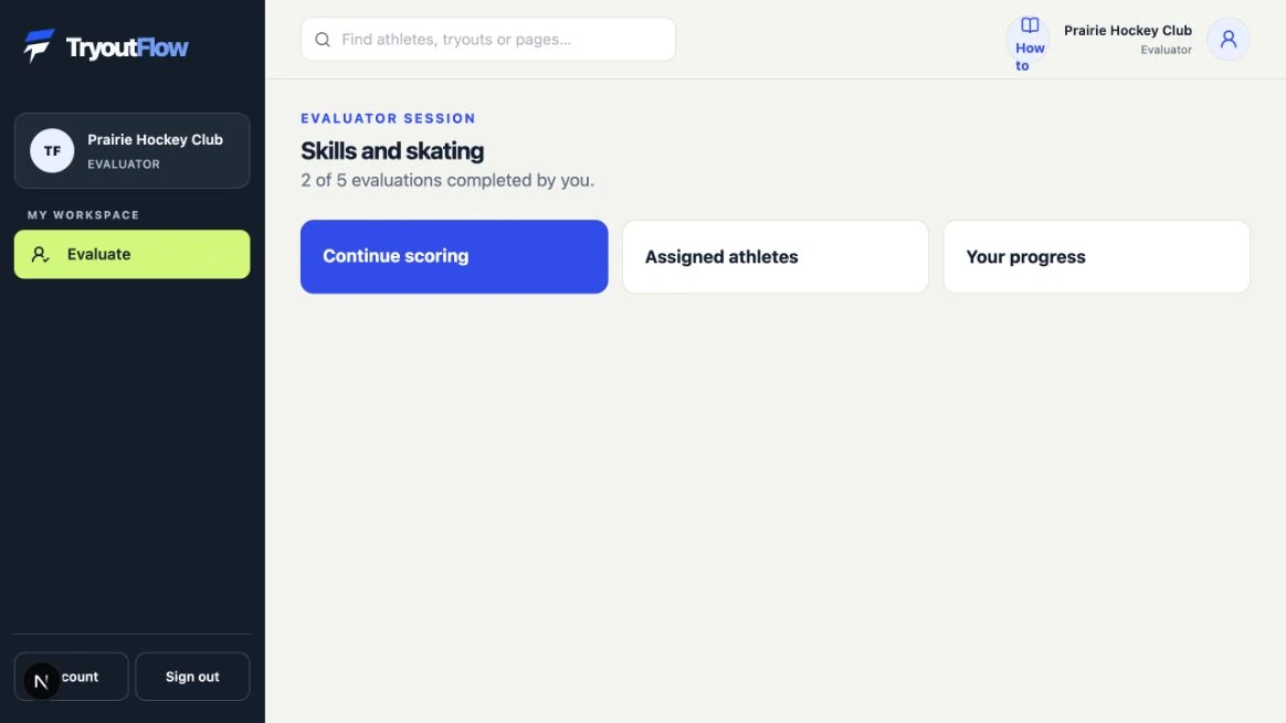 Open the correct scoring session: the actual TryoutFlow screen using fictional demonstration data.