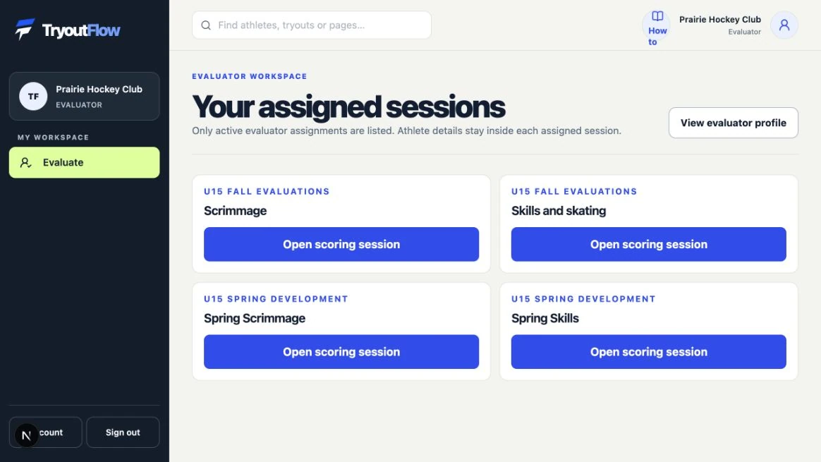 Find your assigned evaluation work: the actual TryoutFlow screen using fictional demonstration data.