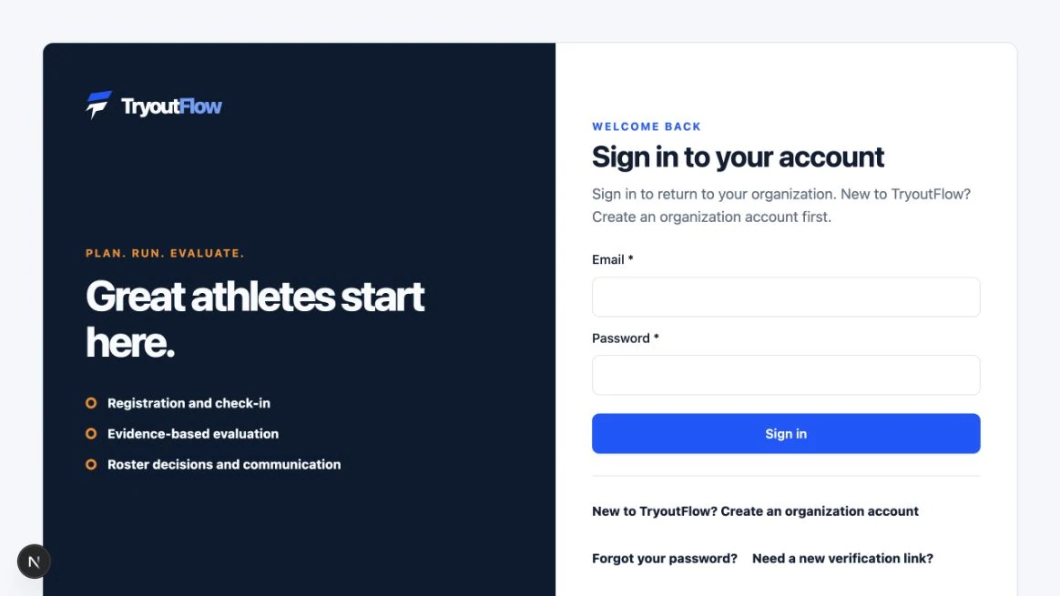 Sign in with your evaluator account: the actual TryoutFlow screen using fictional demonstration data.